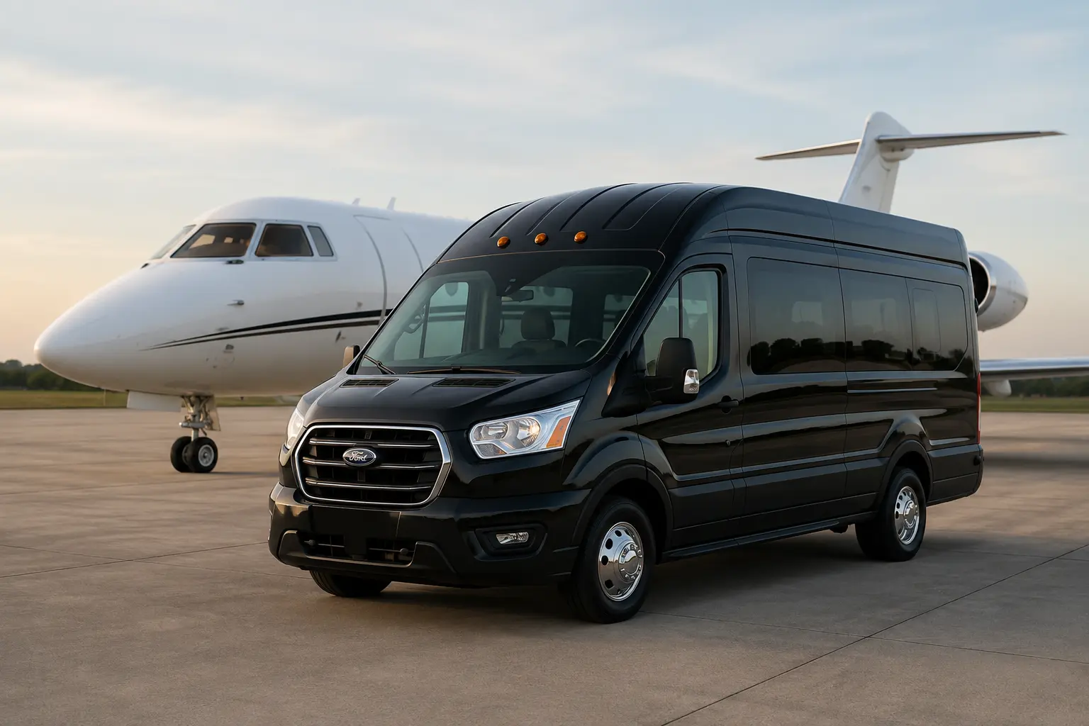 A modern black executive shuttle van by California Limo providing professional Davis Limousine Service with comfortable seating, reliable airport transportation, and luxury chauffeur service for business and leisure travelers.